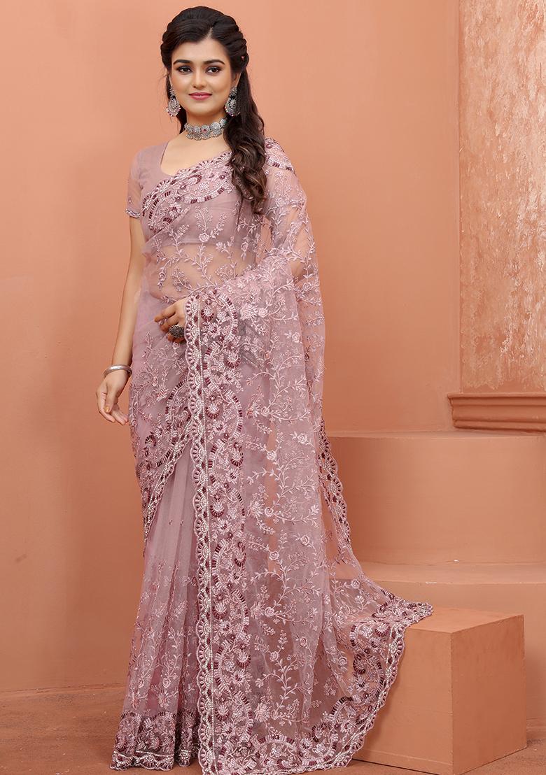 Lavender Embroidered Net Saree Set - Indya