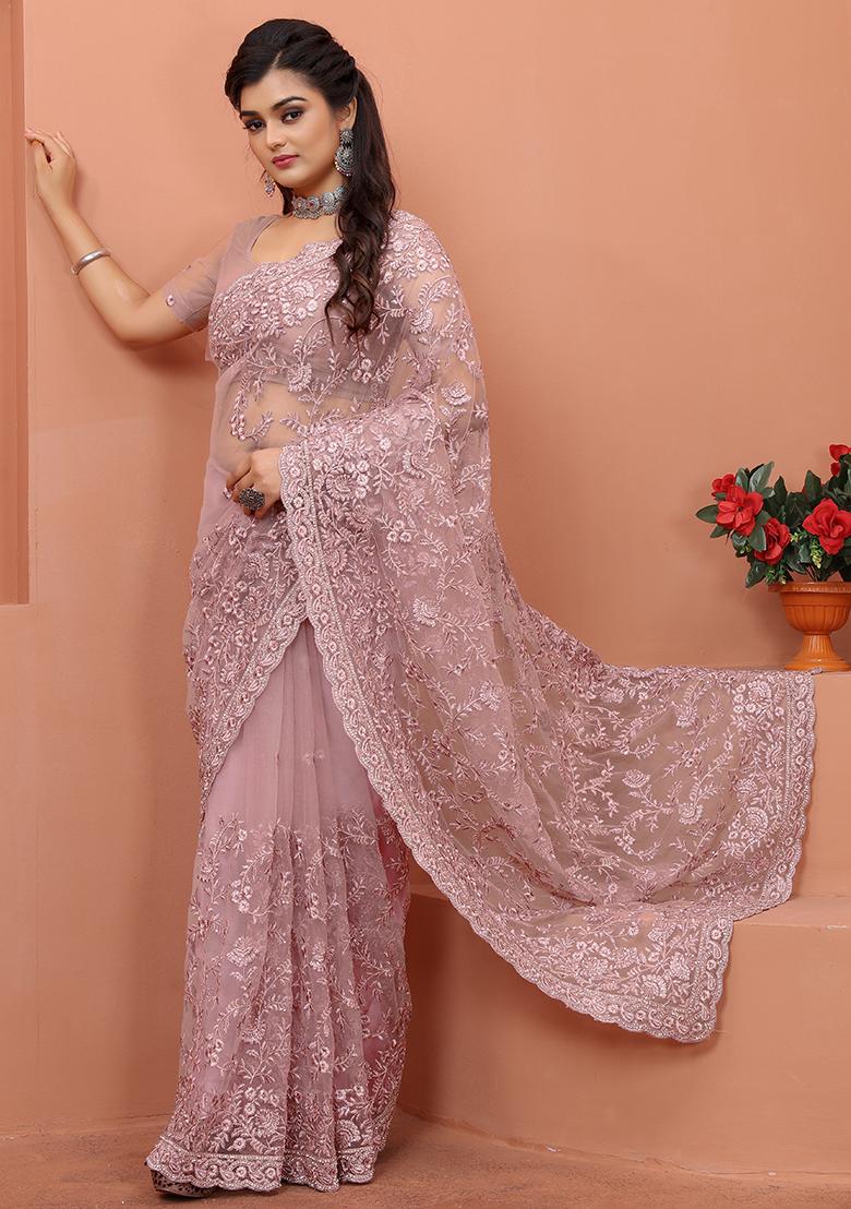 Lavender Embroidered Net Saree Set - Indya