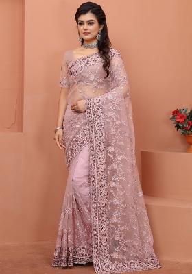 Lavender Embroidered Net Saree Set