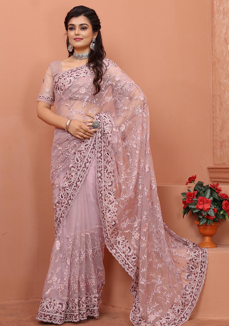 Lavender Embroidered Net Saree Set - Indya