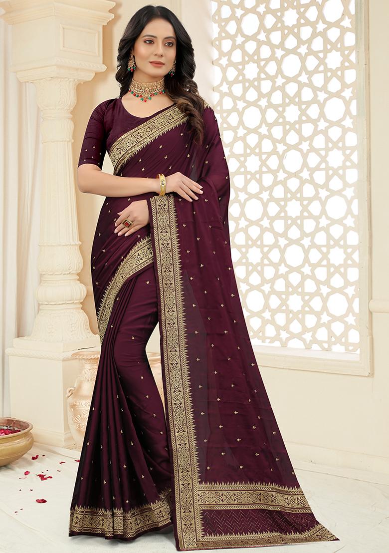Wine Embroidered Silk Saree Set