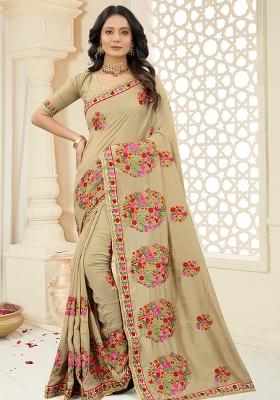 Chiku Embroidered Silk Saree Set
