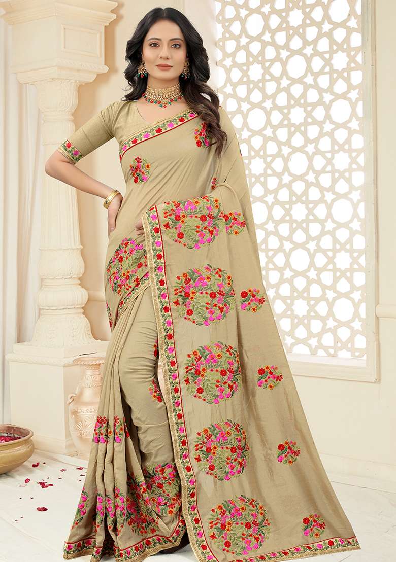 Chiku Embroidered Silk Blend Saree Set for Diwali and Festive Wear - Indya