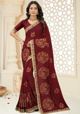 Maroon Embroidered Silk Saree Set