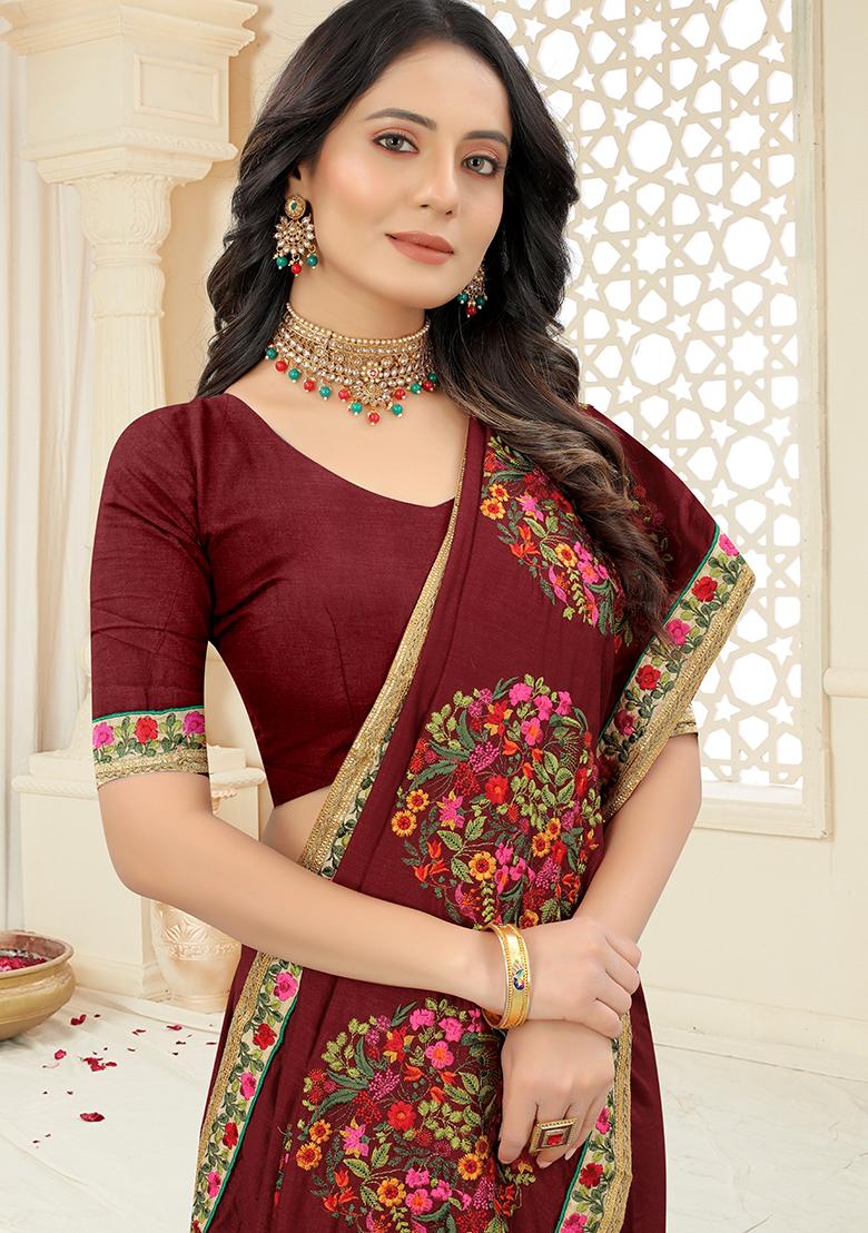Maroon Embroidered Silk Saree Set - Indya