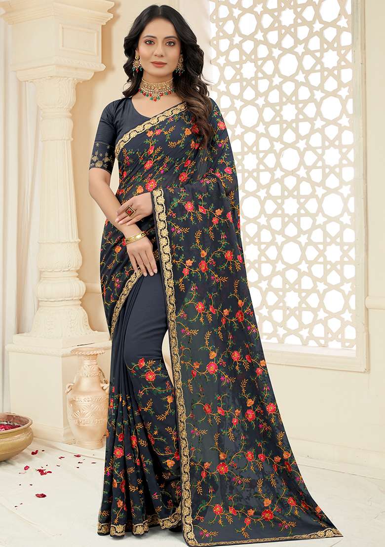 Grey Embroidered Georgette Saree Set for Diwali and Festive Wear - Indya