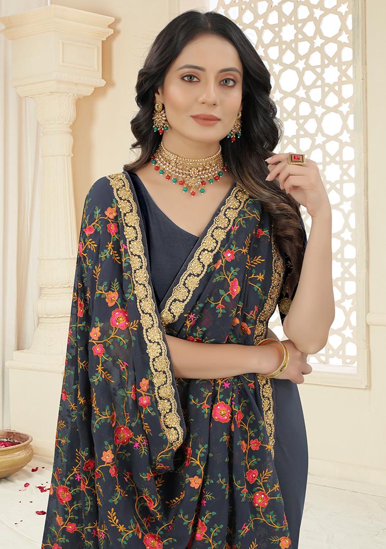 Grey Embroidered Georgette Saree Set - Indya