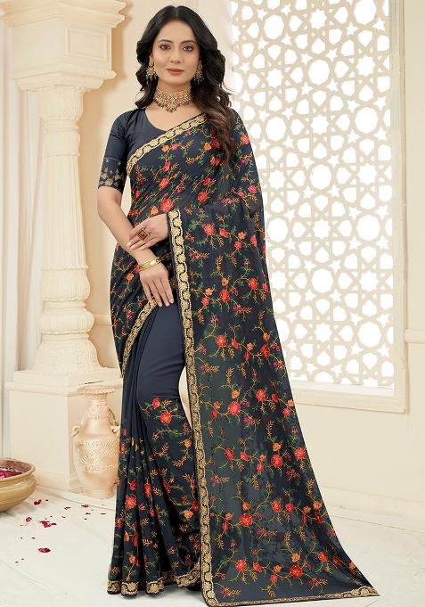Grey Embroidered Georgette Saree Set