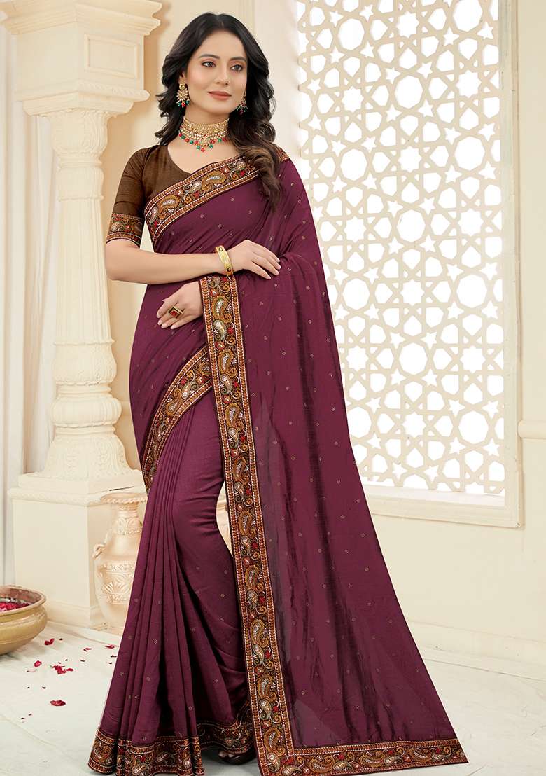 Wine Embroidered Silk Blend Saree Set for Diwali and Festive Wear - Indya