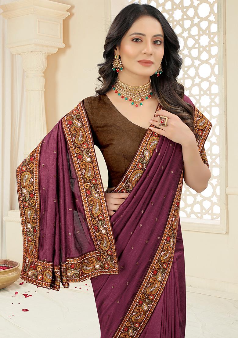 Wine Embroidered Silk Saree Set - Indya
