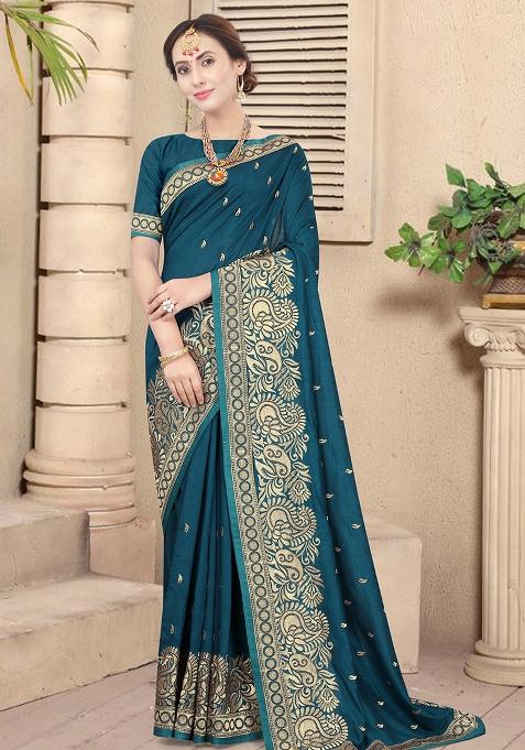 Morpeach Embroidered Silk Saree Set