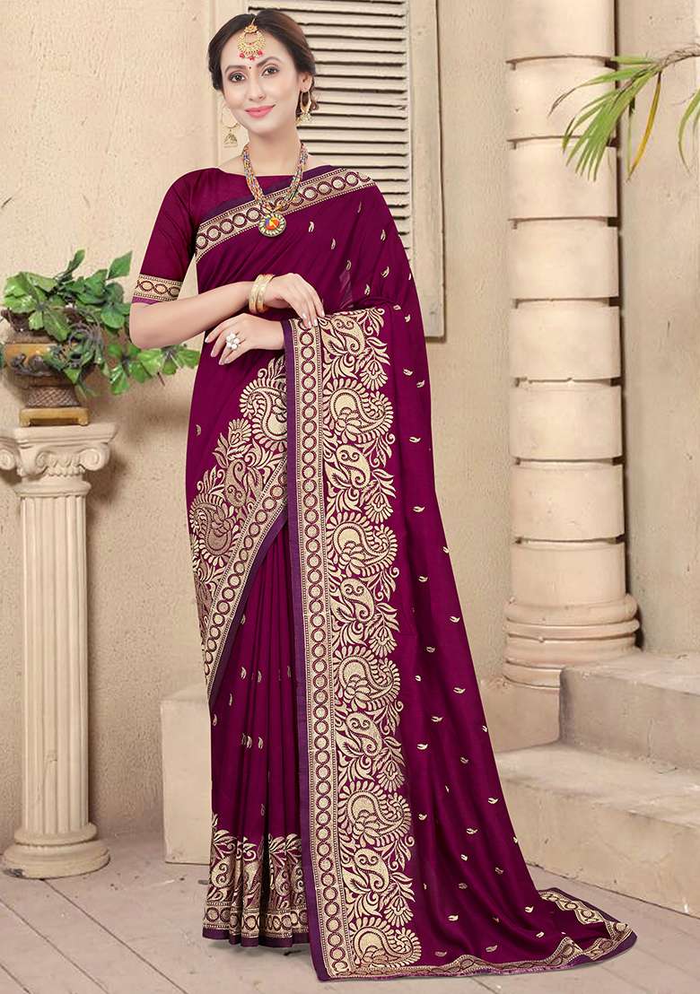 Wine Embroidered Silk Blend Saree Set for Diwali and Festive Wear - Indya