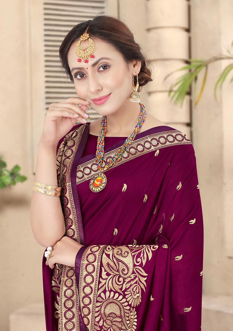 Wine Embroidered Silk Saree Set - Indya