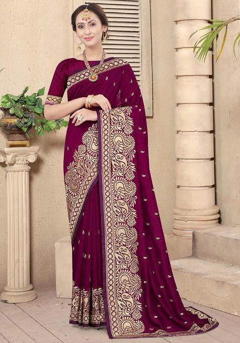 Wine Embroidered Silk Saree Set