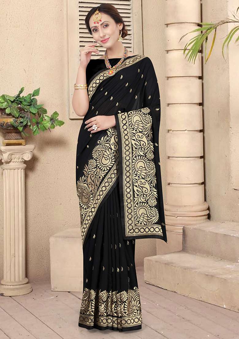 Black Embroidered Silk Blend Saree Set for Diwali and Festive Wear - Indya