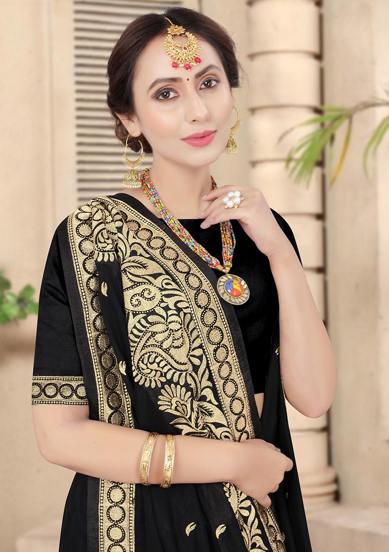 Black Embroidered Silk Saree Set - Indya
