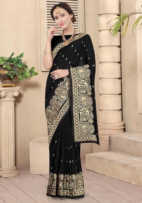 Black Embroidered Silk Saree Set