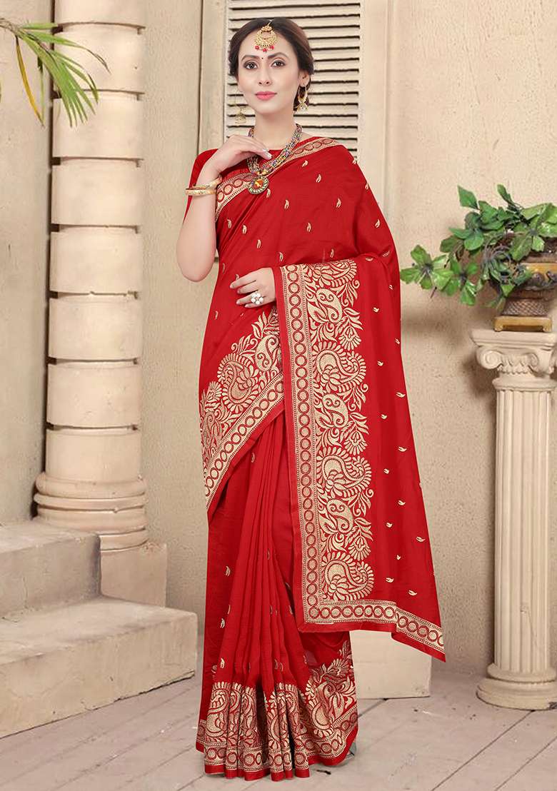 Red Embroidered Silk Blend Saree Set for Diwali and Festive Wear - Indya
