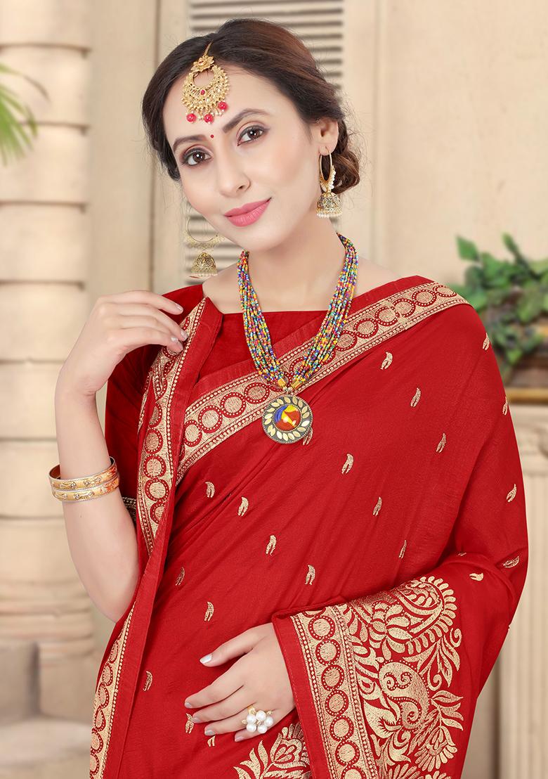 Red Embroidered Silk Saree Set - Indya