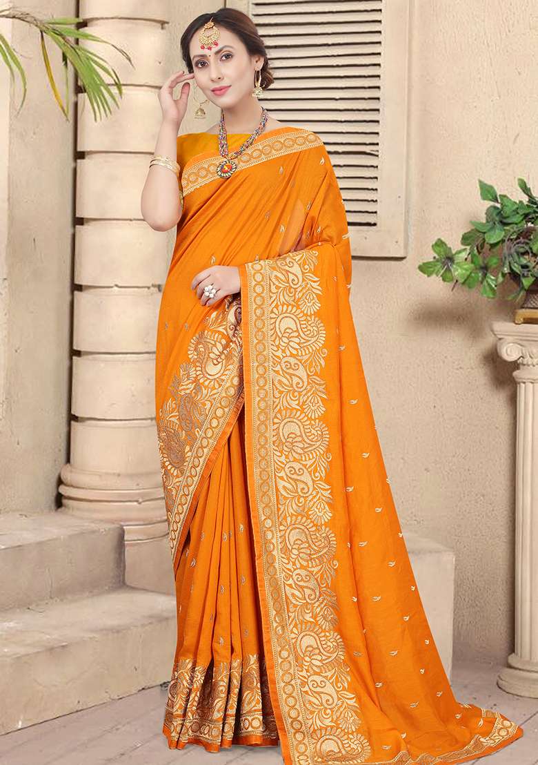 Mustard Silk Blend Saree Set with Embroidered for Diwali | Wedding & Festive Wear - Indya