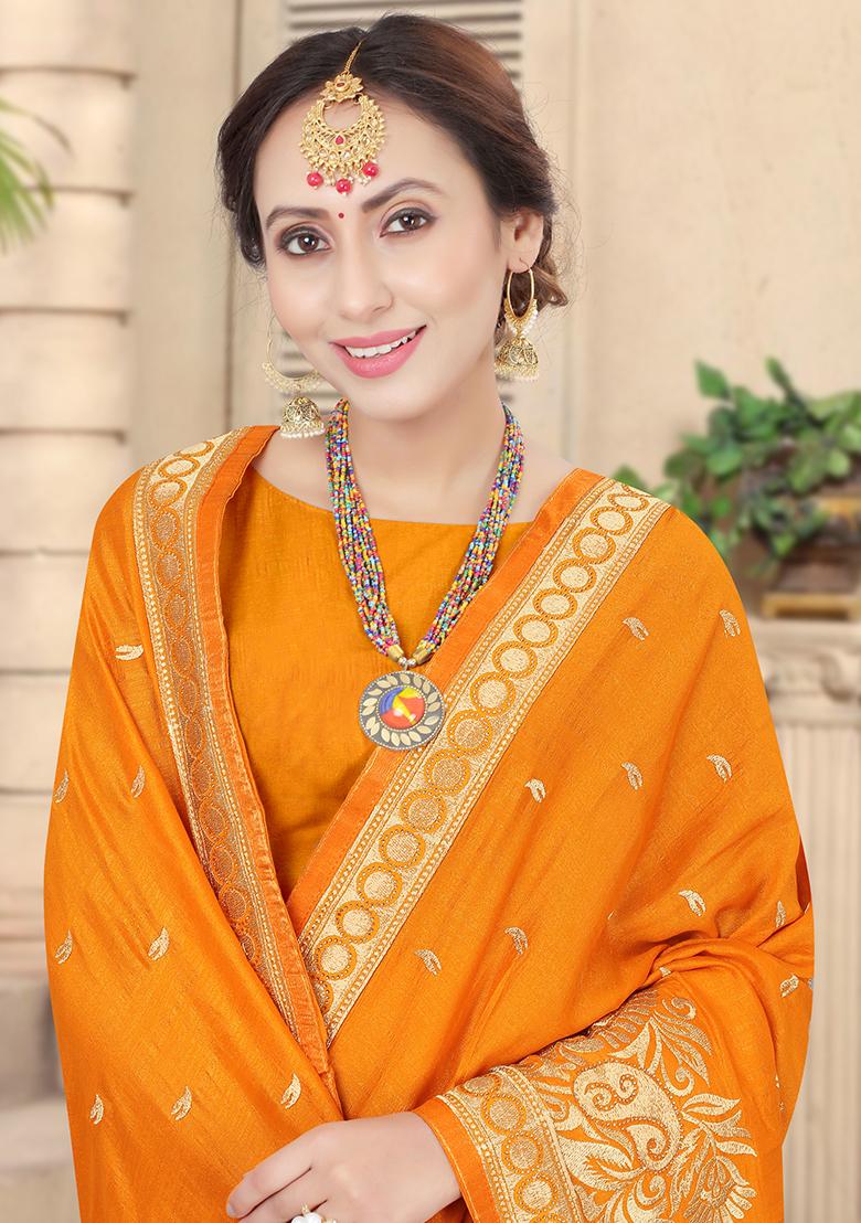 Mustard Embroidered Silk Saree Set - Indya