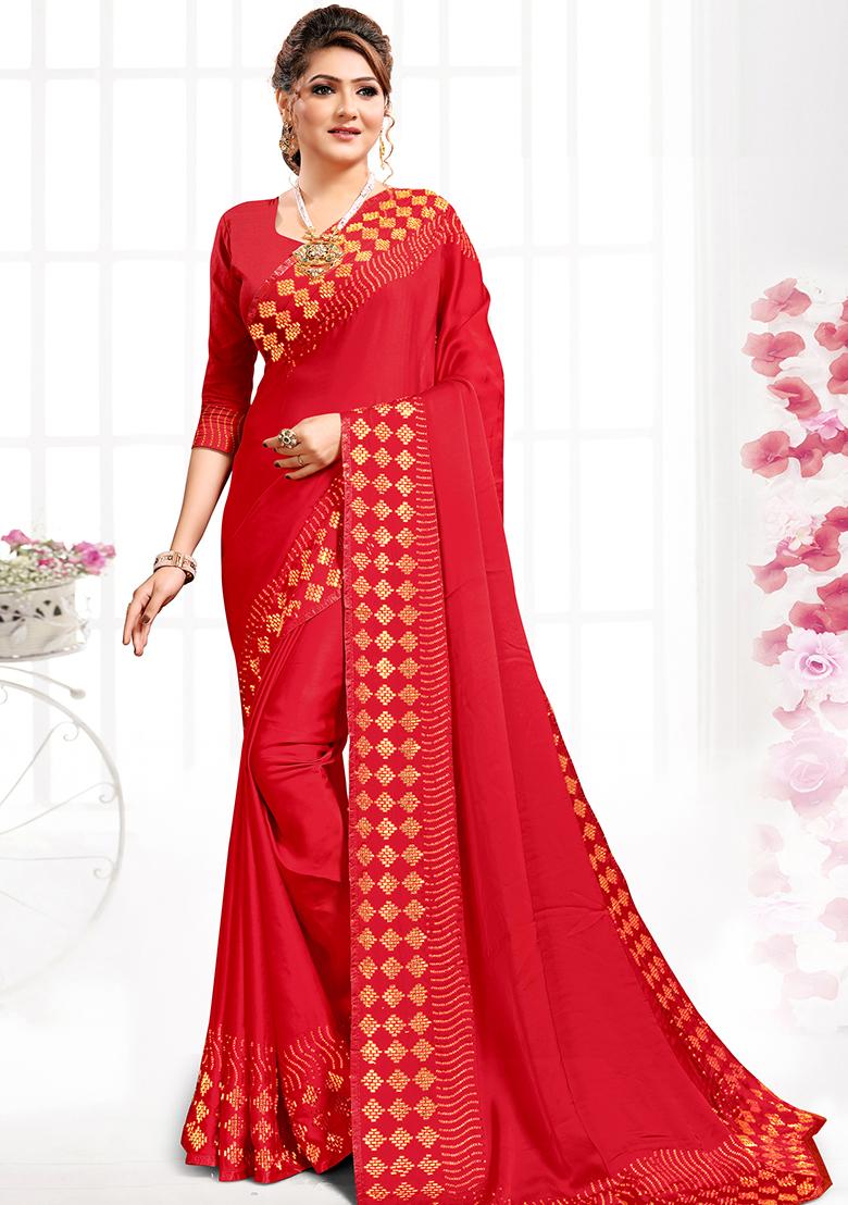 Red Embroidered Silk Saree Set