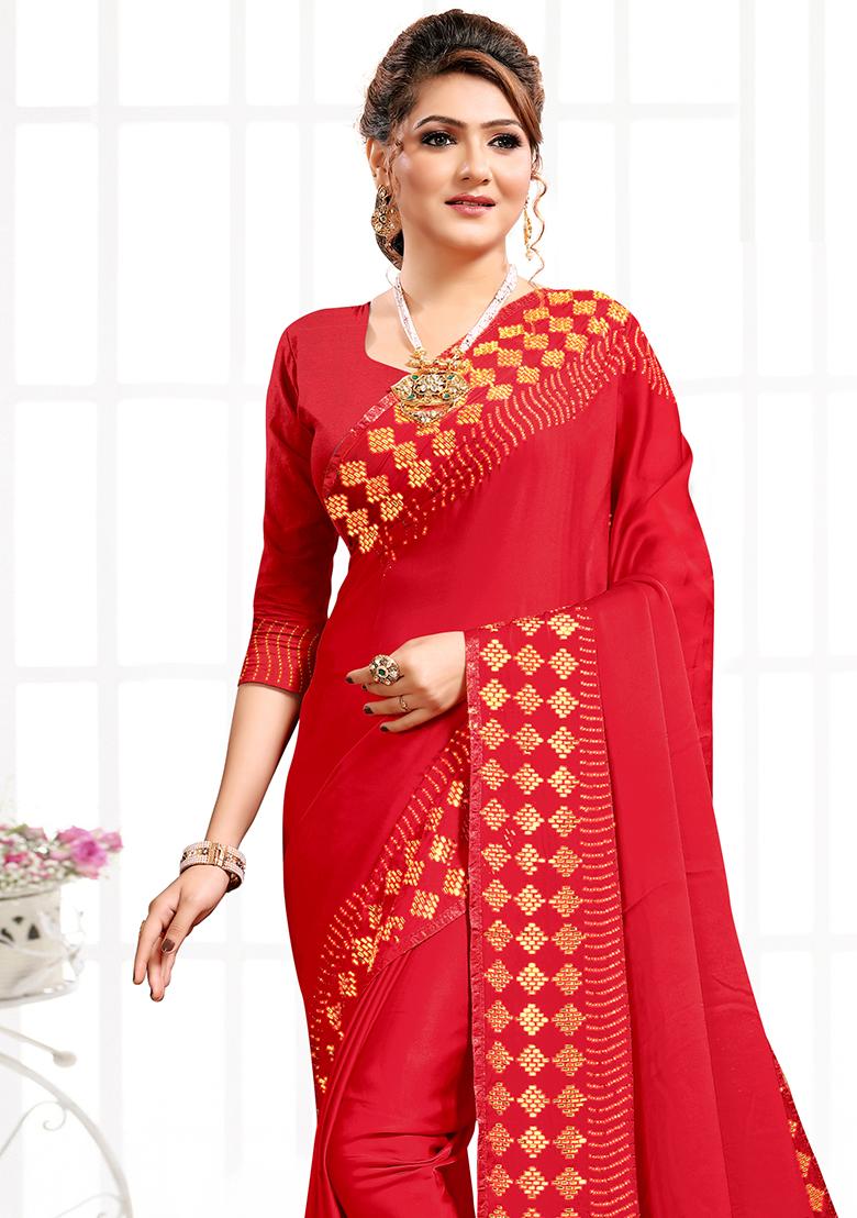 Red Embroidered Silk Saree Set - Indya