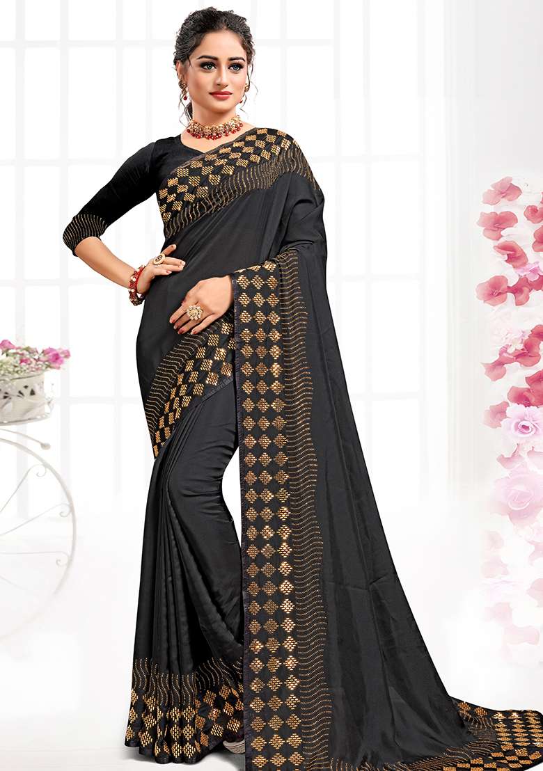 Black Silk Blend Saree Set with Embroidered for Diwali | Wedding & Festive Wear - Indya