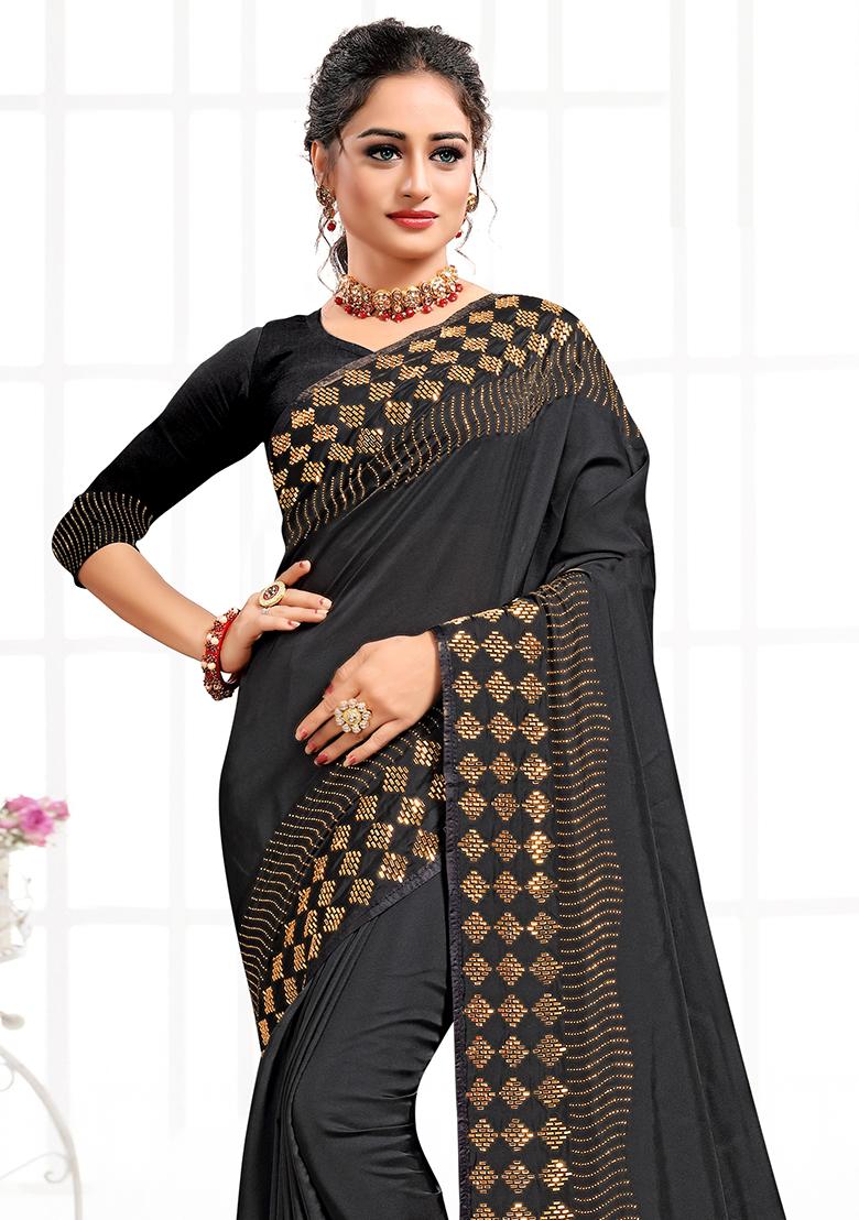 Black Embroidered Silk Saree Set - Indya