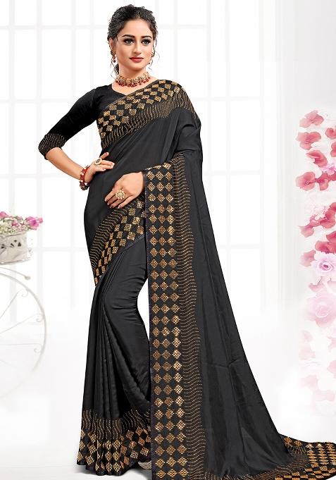 Black Embroidered Silk Saree Set