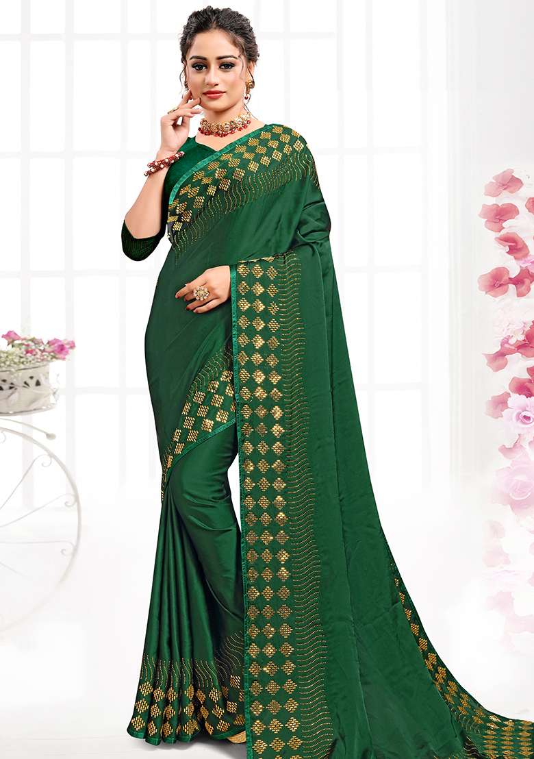 Bottle Green Silk Blend Saree Set with Embroidered for Diwali | Wedding & Festive Wear - Indya
