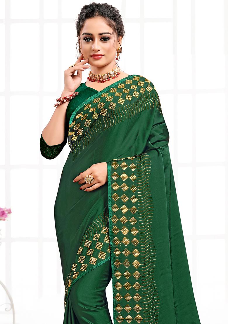 Bottle Green Embroidered Silk Saree Set - Indya