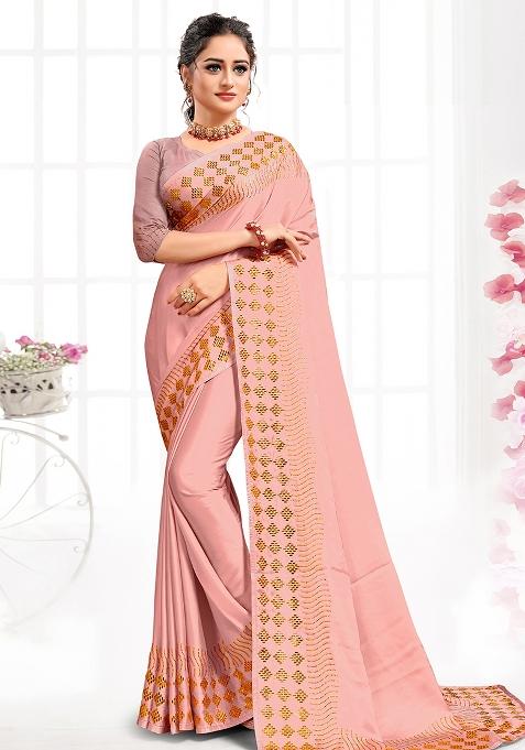 Peach Embroidered Silk Saree Set