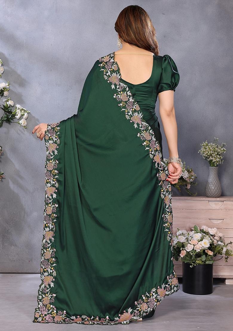 Dark Green Embroidery Work Satin Saree Set