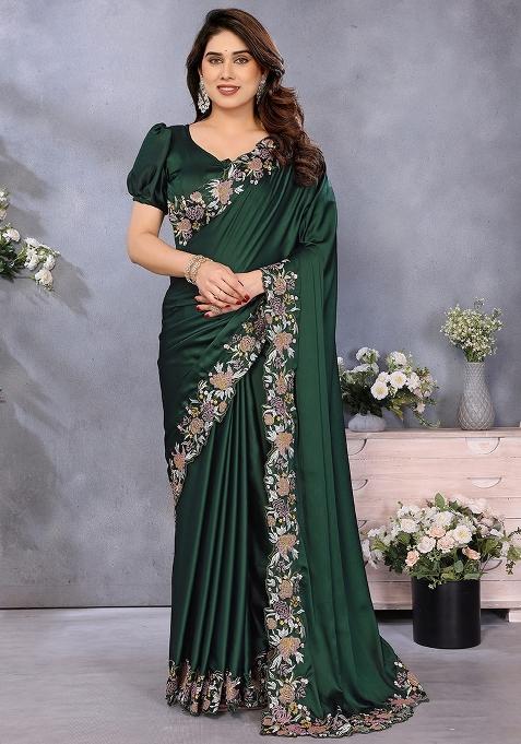 Dark Green Embroidery Work Satin Saree Set