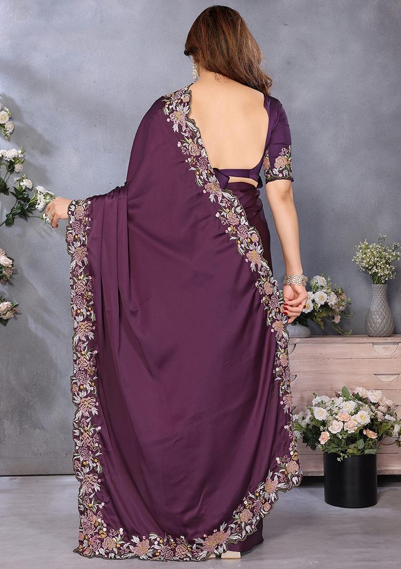Wine Embroidery Work Satin Saree Set