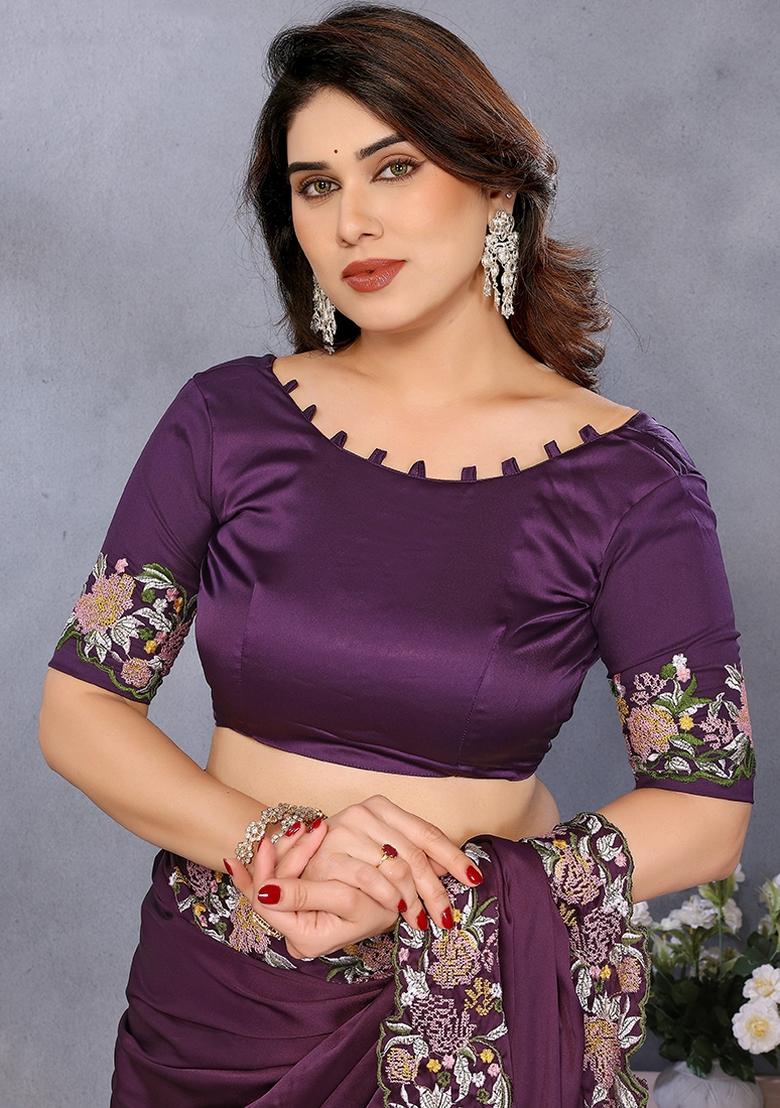 Wine Embroidery Work Satin Saree Set