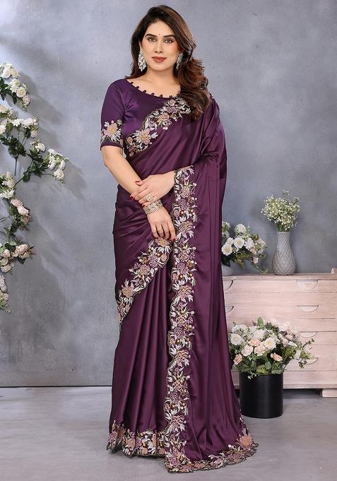 Wine Embroidery Work Satin Saree Set