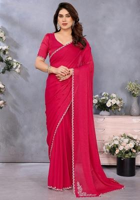 Rani Pink Lace Embroidery Work Fandy Chiffon Saree Set