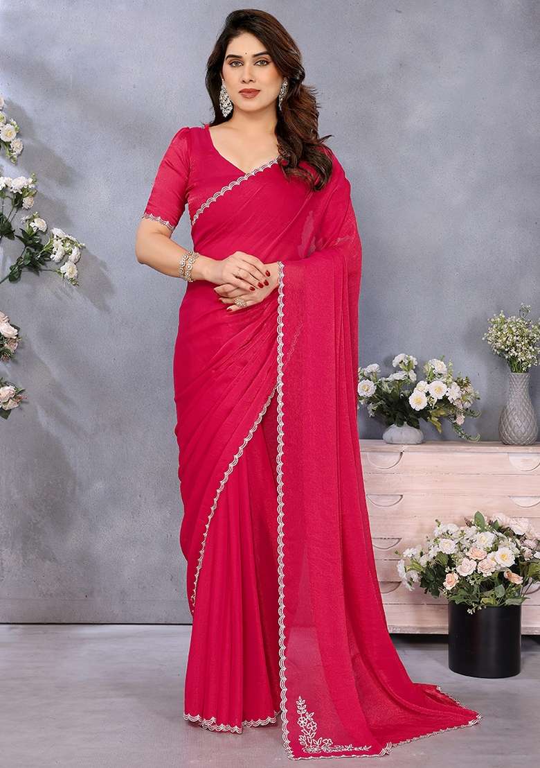 Rani Pink Lace Embroidery Work Fandy Chiffon Saree Set - Indya