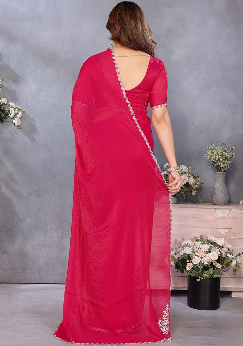 Rani Pink Lace Embroidery Work Fandy Chiffon Saree Set - Indya
