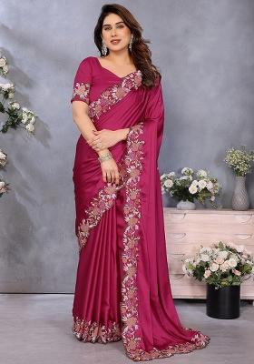 Magneta Pink Embroidery Work Satin Saree Set