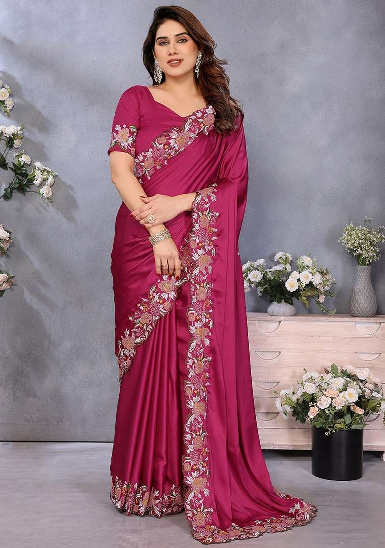 Magneta Pink Embroidery Work Satin Saree Set - Indya