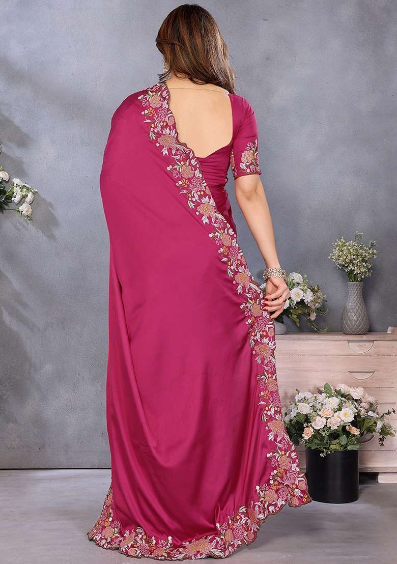 Magneta Pink Embroidery Work Satin Saree Set - Indya