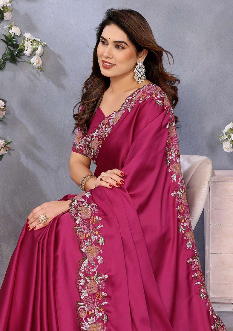 Magneta Pink Embroidery Work Satin Saree Set - Indya