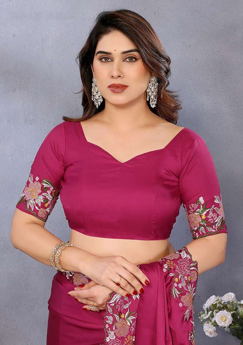 Magneta Pink Embroidery Work Satin Saree Set - Indya