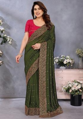 Dark Green Zari Embroidery Work Vichitra Saree Set