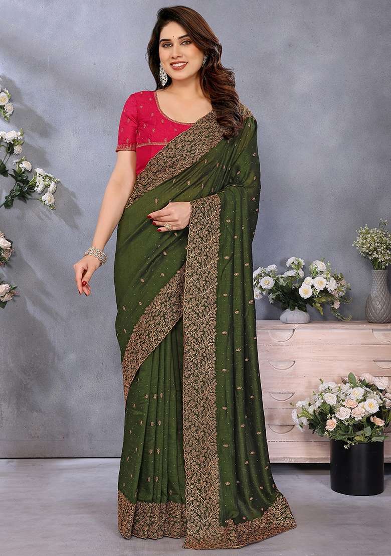 Dark Green Zari Embroidery Work Vichitra Saree Set - Indya
