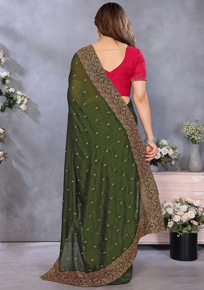 Dark Green Zari Embroidery Work Vichitra Saree Set - Indya