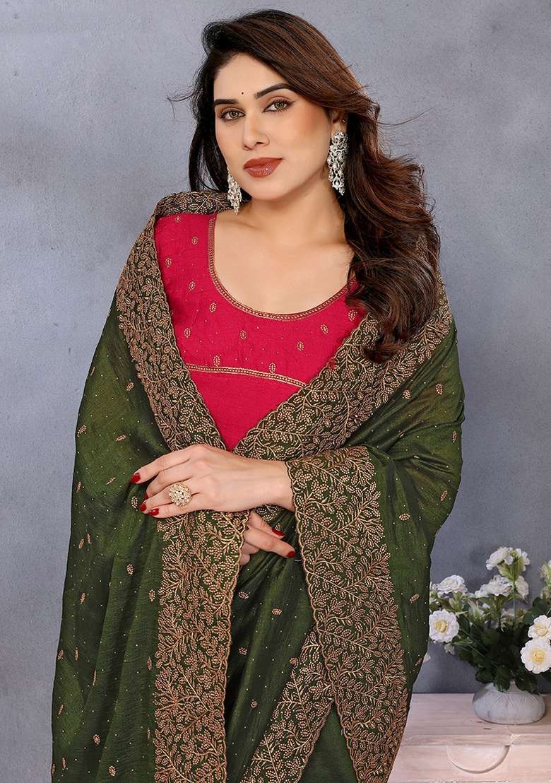 Dark Green Zari Embroidery Work Vichitra Saree Set - Indya